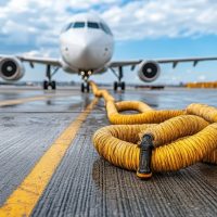 Aircraft on with coiled fuel hose in foreground, showcasing aviation operations